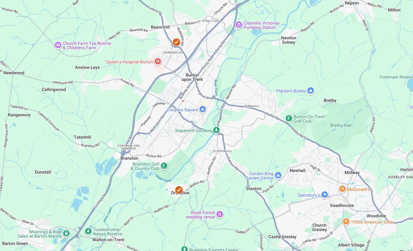 Burton upon Trent service-area map for Kingdom Locksmith